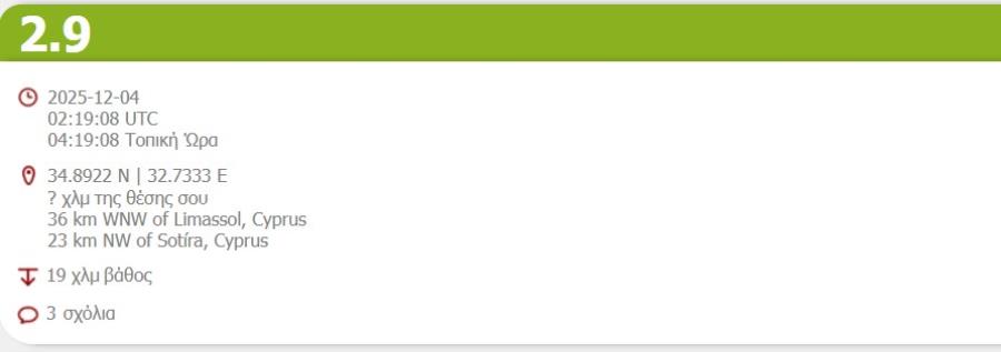 Νέος σεισμός «ταρακούνησε» την Κύπρο – Οι πρώτες πληροφορίες