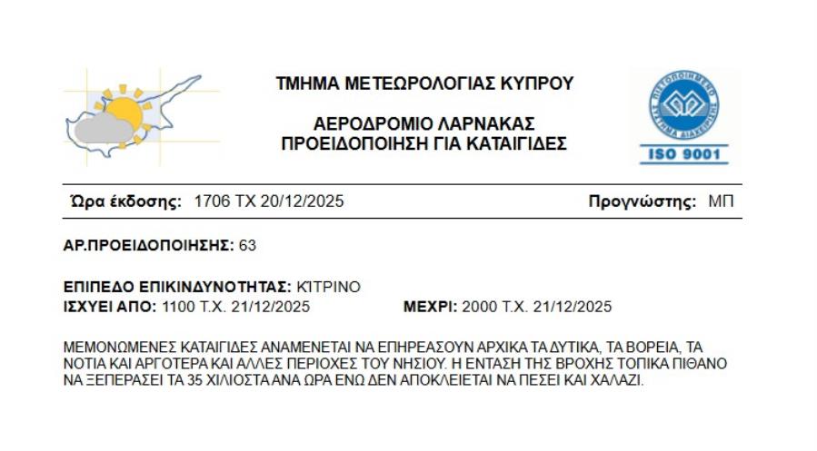 Κίτρινη προειδοποίηση για καταιγίδες – Πότε τίθεται σε ισχύ